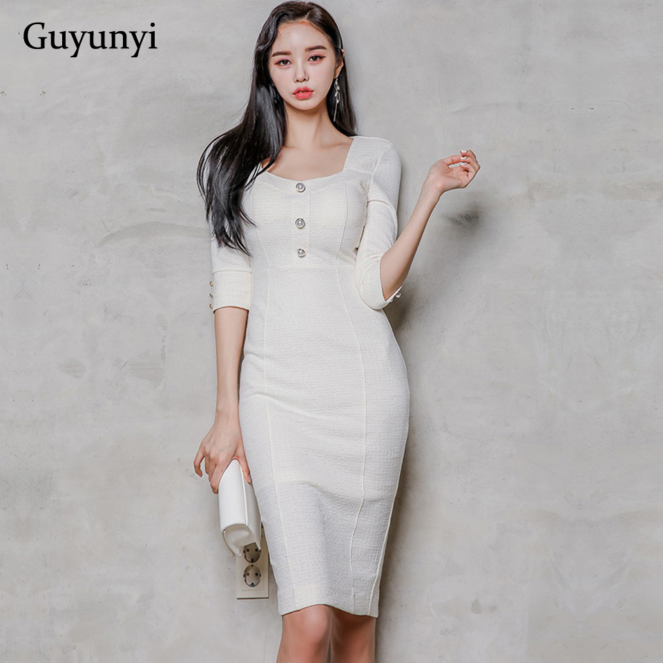 

office lady dress 2021 spring simple elegant white dress decorative buttons half sleeve temperament high waist tight dress, Black;gray