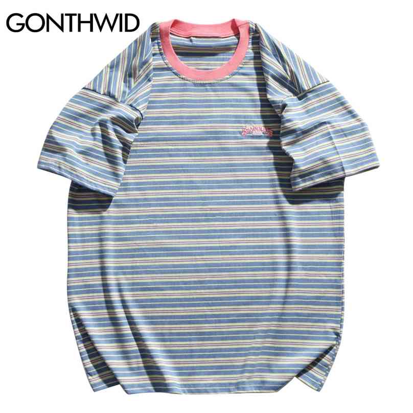 

Tshirts Harajuku Casual Embroidery Letters Stripe Color Block Tees Shirts Fashion Hip Hop Streetwear Tops 210602, Blue