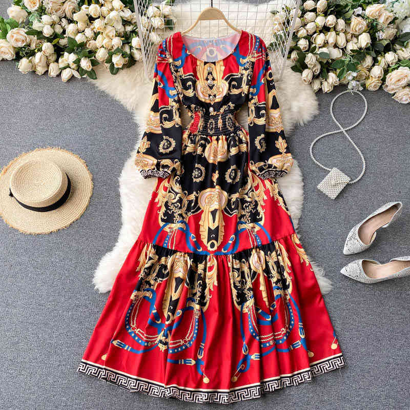 

Vintage Print Spring Summer Women's Dress O Neck High Waist Long Sleeve Chic Ruffle Seaside Casual Ladies 210520, Black