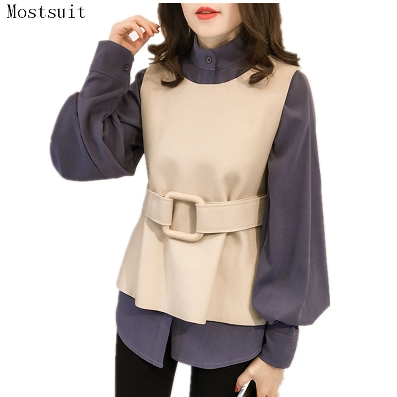 

4xl Blusas Kimino Women Blouse With Vest and Belt Plus Size Autumn Long Sleeve Shirt Korean Office Elegant Tops Blue 210518, Blue vest