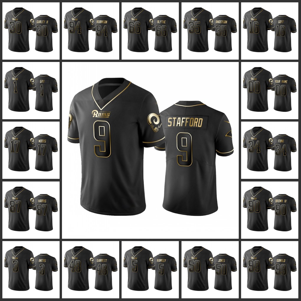

Los AngelesRamsMen #9 Matthew Stafford 17 Robert Woods 99 Aaron Donald Custom Women Youth Black Golden Edition Vapor Limited Jersey
