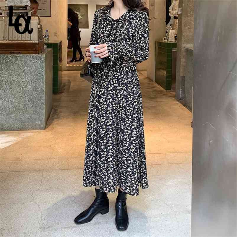 

Spring Autumn Women Elegant Printed Dress Lady V-neck High Waist Female Vintange Ruffles Long Sleeve 210519, Black