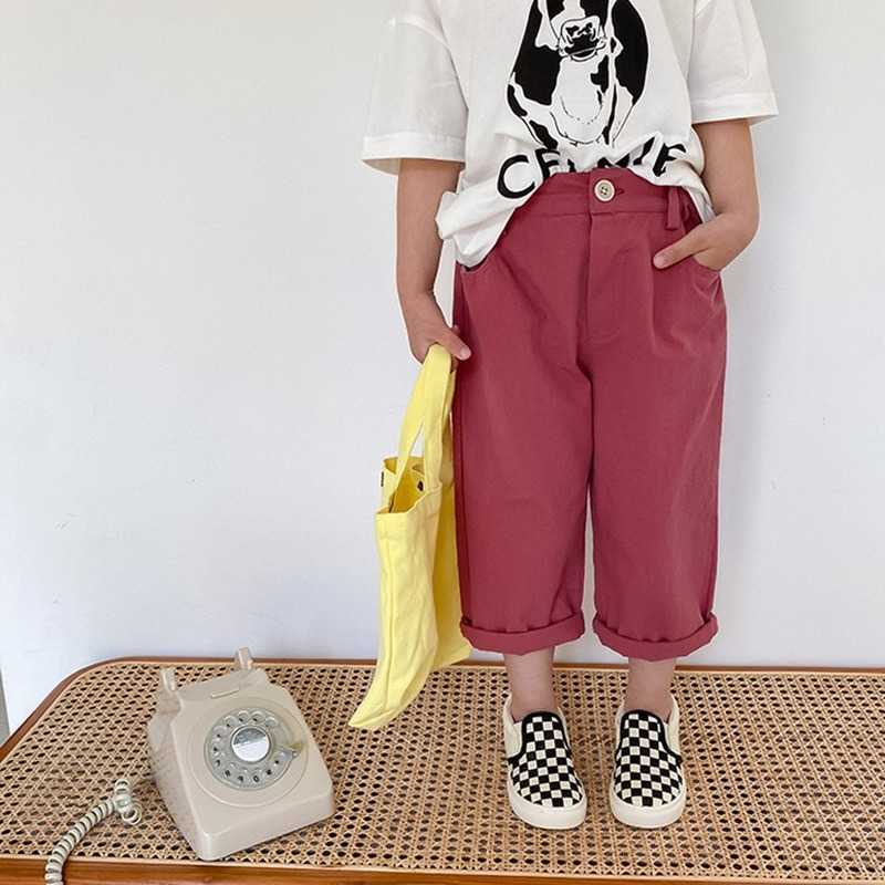 

Korean style unisex kids solid color casual pants boys and girls cotton loose straight trousers 1-8Y 210615, Beige