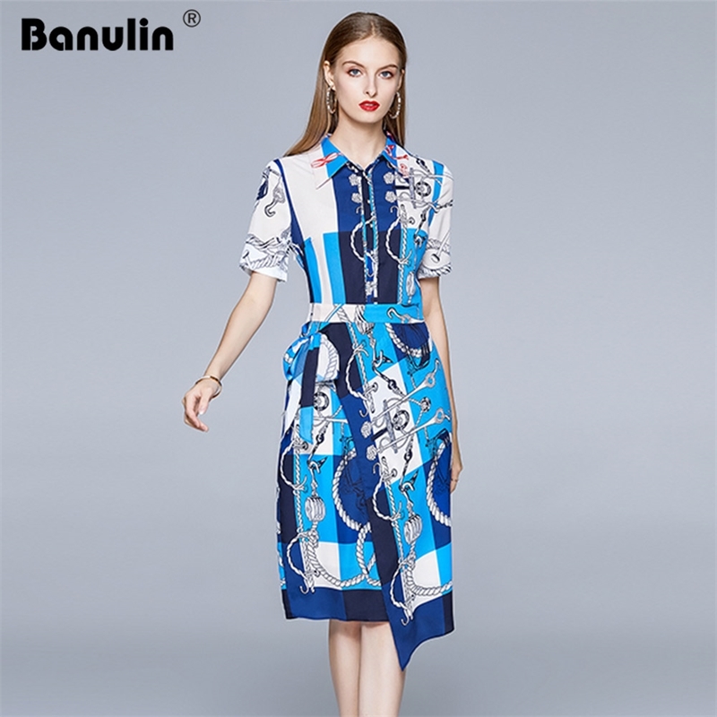 

Fashion Runway Irregular Midi Dress Summer Women Short Sleeve Vintage Printed Bow Tie Belt Elegant Casual Office 210603, Design and color
