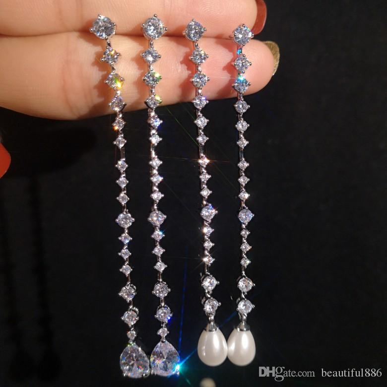 

High Brand Fashion Super Long Tassel Earrings S925 Sterling Silver Needle Stud Earrings Hot Style Drop Shape Pearl Zircon Dangles Chandelier