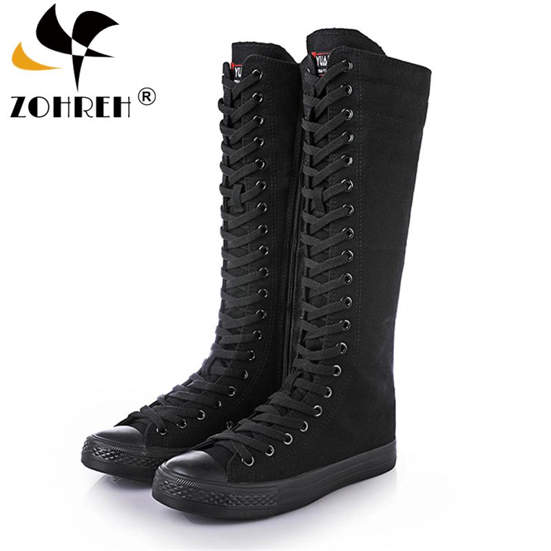 

Boots 2021 Spring Autumn Women Shoes Canvas Casual High Top Long Lace-Up Zipper Comfortable Flat Sneakers Size 34-43, Black