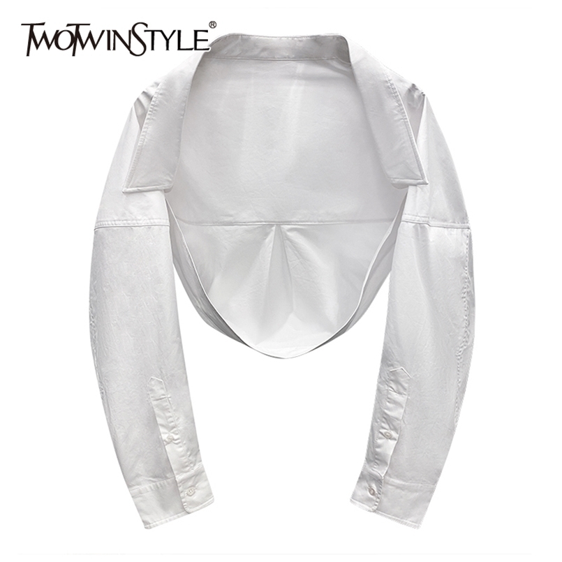 

White Short Minimalist Shirts For Women Lapel Long Sleeve Irregular Hem Casual Slim Blouses Female Summer 210524, Black