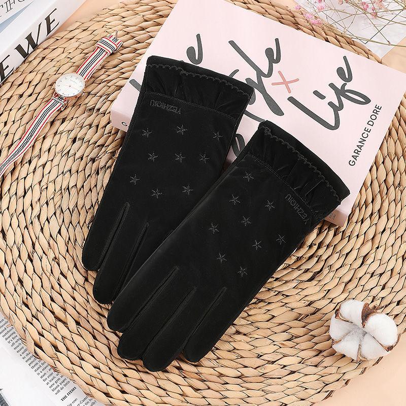 

Five Fingers Gloves Women' Star Embroidery Lace Composite Fabric Thick Windproof Touch Screen Driving Winter Plus Velvet Warm Mittens S75, Blue;gray