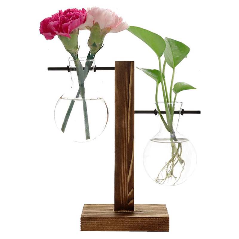 

Hydroponic Plant Vases with Retro Wooden Frame Creative Tabletop Hydroponics Plants Glass Bulb Vase for Home Garden Office Wedding Decoration