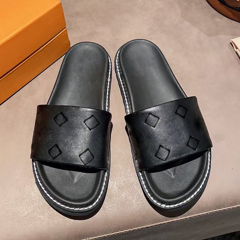 

2021 Women Black Flat Waterfront mule Slipper Flower embossed Slides Sandals Designer Shoes Pink Orange Blue White Rubber outsole Leather Fl