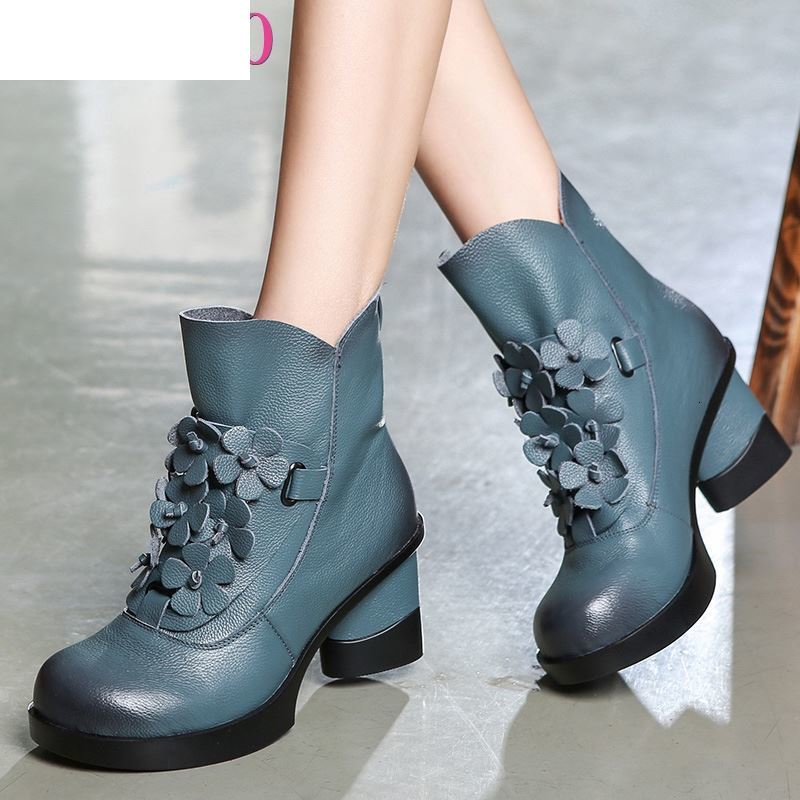 

Boots Autumn Winter Fashion Genuine Leather Shoes Women's Casual Women Thick High Heels Handmade Woman Ankle M85K, Blue