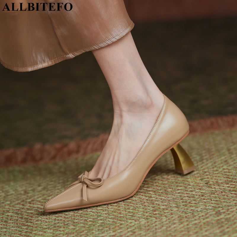 

ALLBITEFO bow design genuine leather women high heels golden heel spring fashion sexy stiletto women heels party wedding shoes 210611, As picture