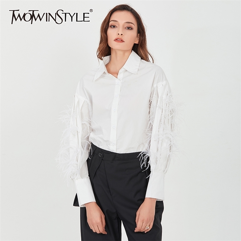 

White Short Patchwork Feather Shirt For Women Lapel Long Sleeve Casual Shirts Female Fashionable Clothing 210524