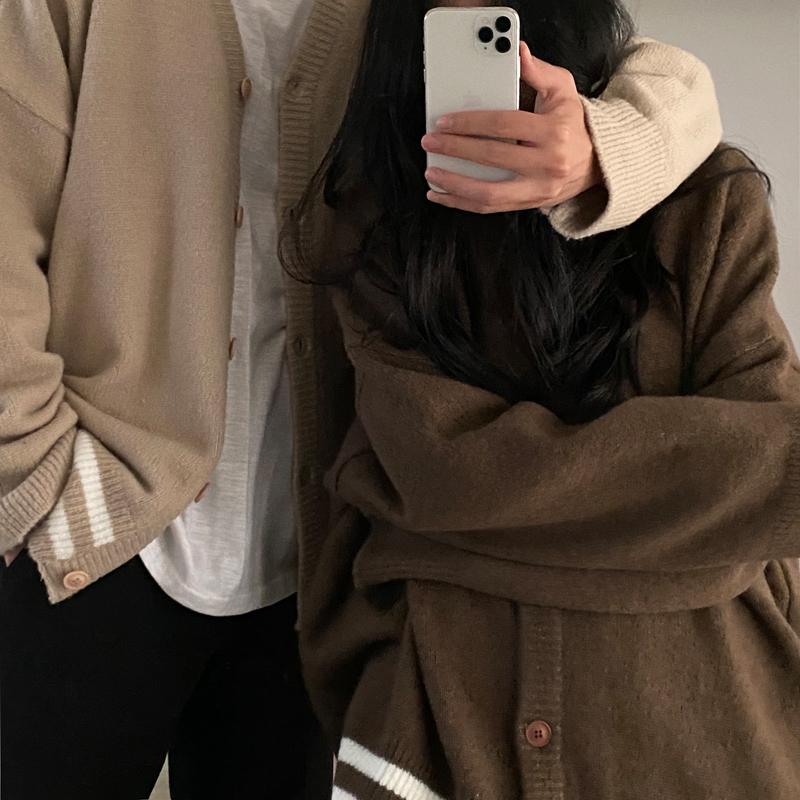 

Women's Knits & Tees Autumn Casual Couple Cardigan V Long Sleeve Striped Sweater Knitted Jacket Lazy Loose Pull Femme Student Japan Tops Pre, White