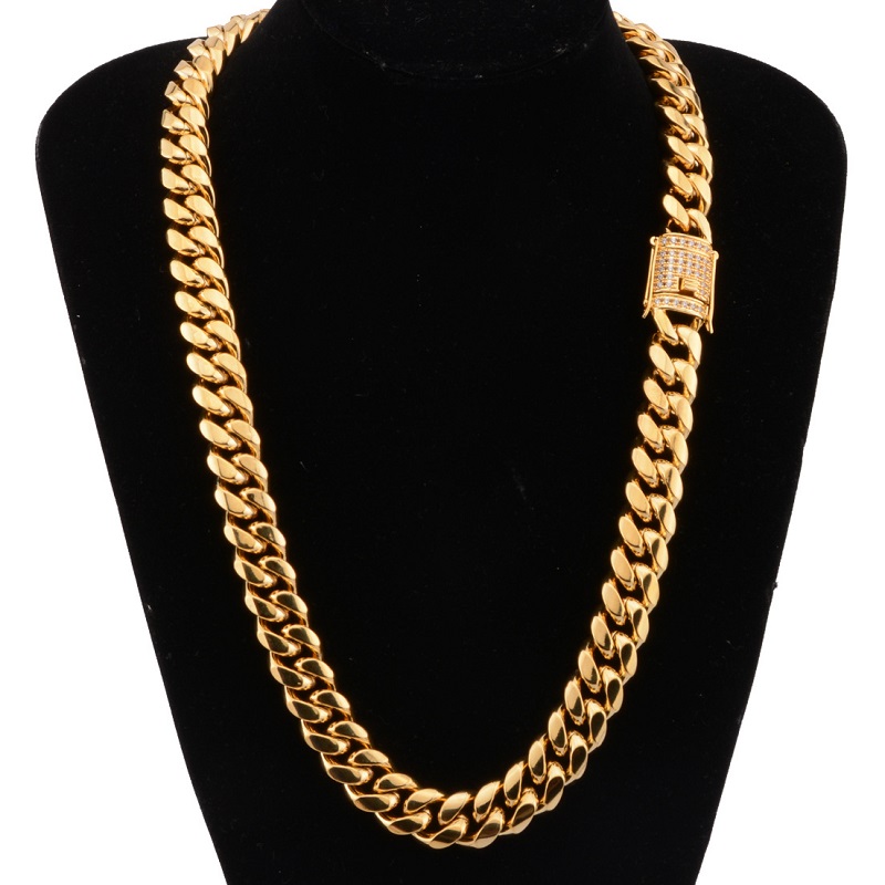 

18mm Chain Stainless Steel Jewelry 18K Gold Plated High Polished & Cubic Zirconia Clasp Miami Cuban Link Necklace Men Chains Multi size 18/20/22/24/26/28/30inch