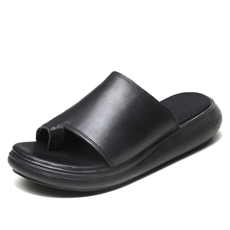 

Slippers Fashion Thick Bottom Summer Women 2021 Genuine Leather Wedges Platform Slip On Ladies Outside Flip Flop, Black