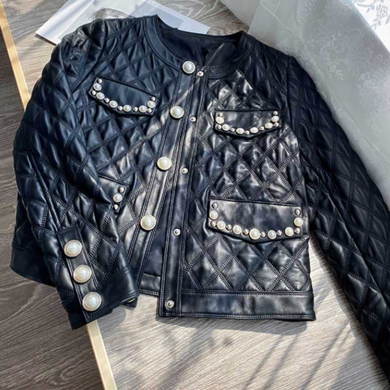 

Women's Leather & Faux 2021 Winter Classic Quilted Round Neck Pearl Button Short Coat Jacket Female Sheep, Black