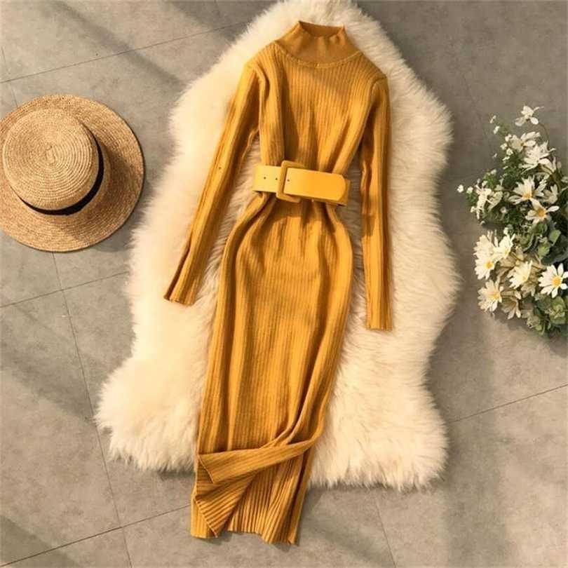 

Turtleneck Sweater Dress Women Fashion Autumn Winter lady Slim Bandage Bodycon Long Sleeve Knitted 211109, Army green