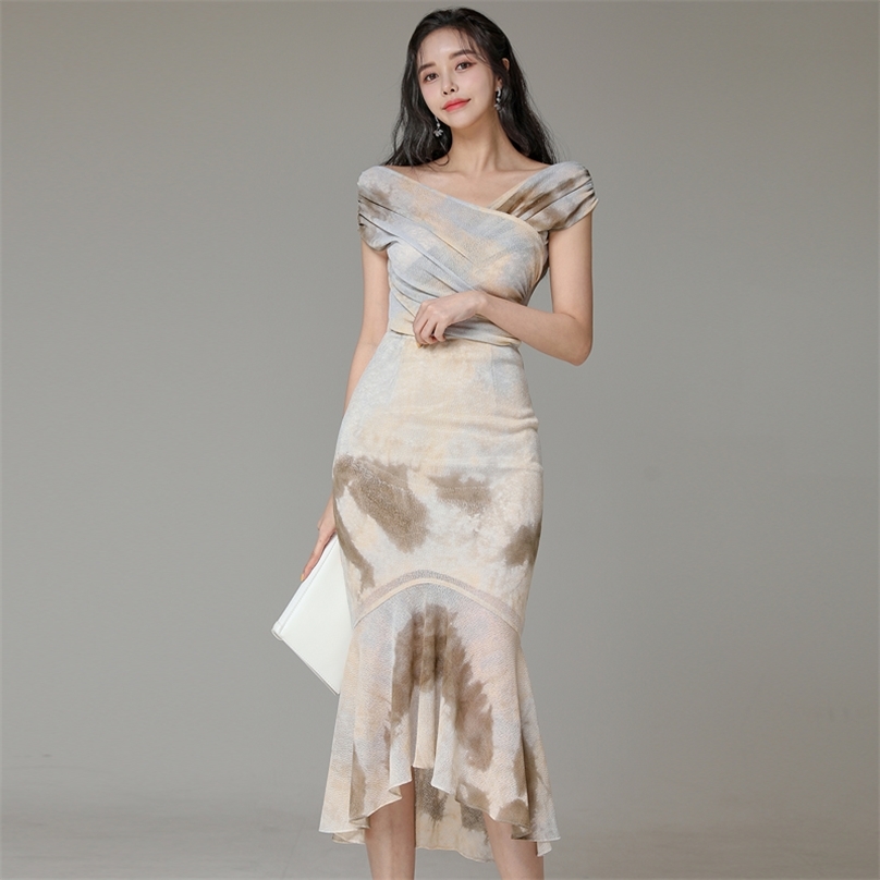

elegant print 2 piece dress suit Summer SLeeveless tops and Long Skirt Sexy office party set for women 210602