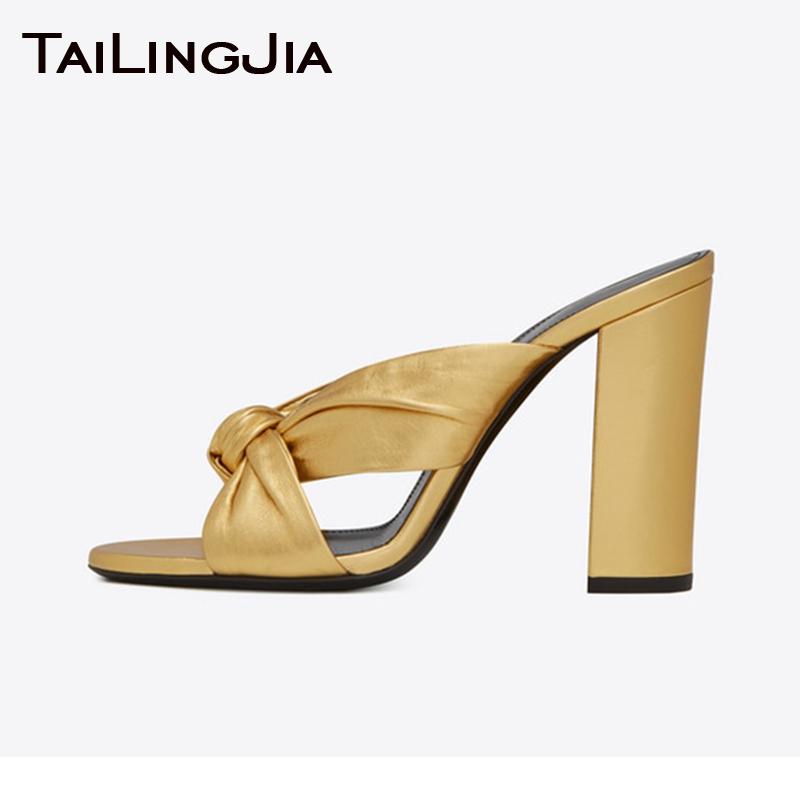 

Gold Chunky Heel Knotted Sandals Slides For Women Black Leopard Open Toe High Heels Slippers Summer Shoe Big Size Footwear