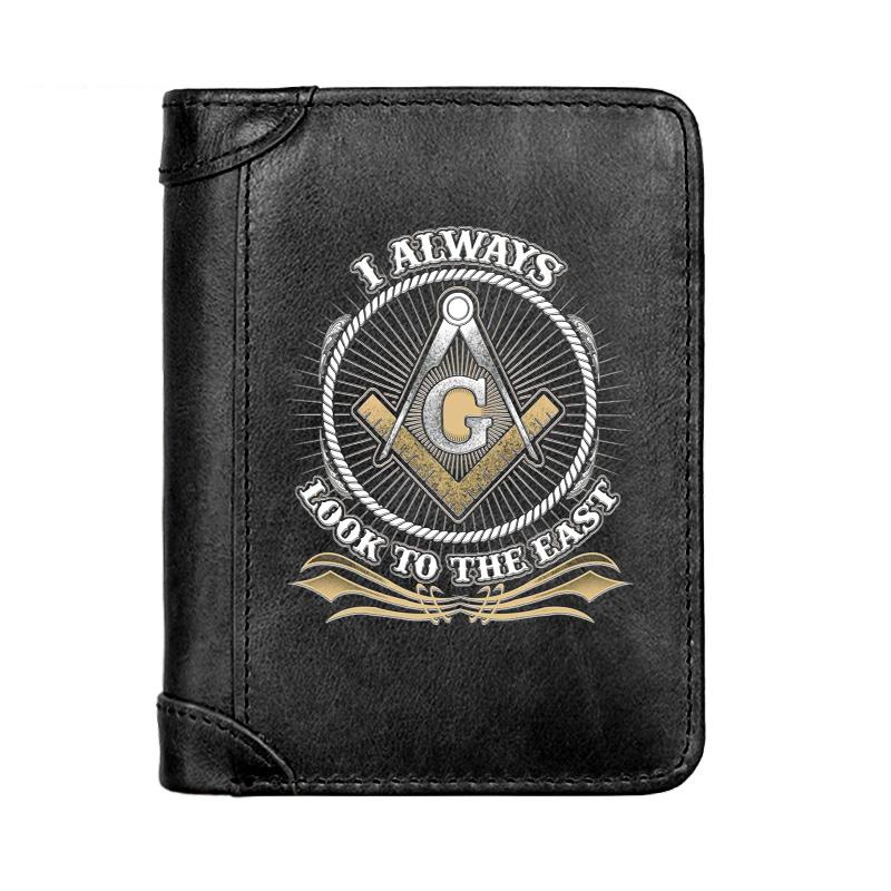

Wallets High Quality Freemasonry I Always Look East Genuine Leather Men Wallet Business Classic Slim Card Holder Male Short Purses, Red;black