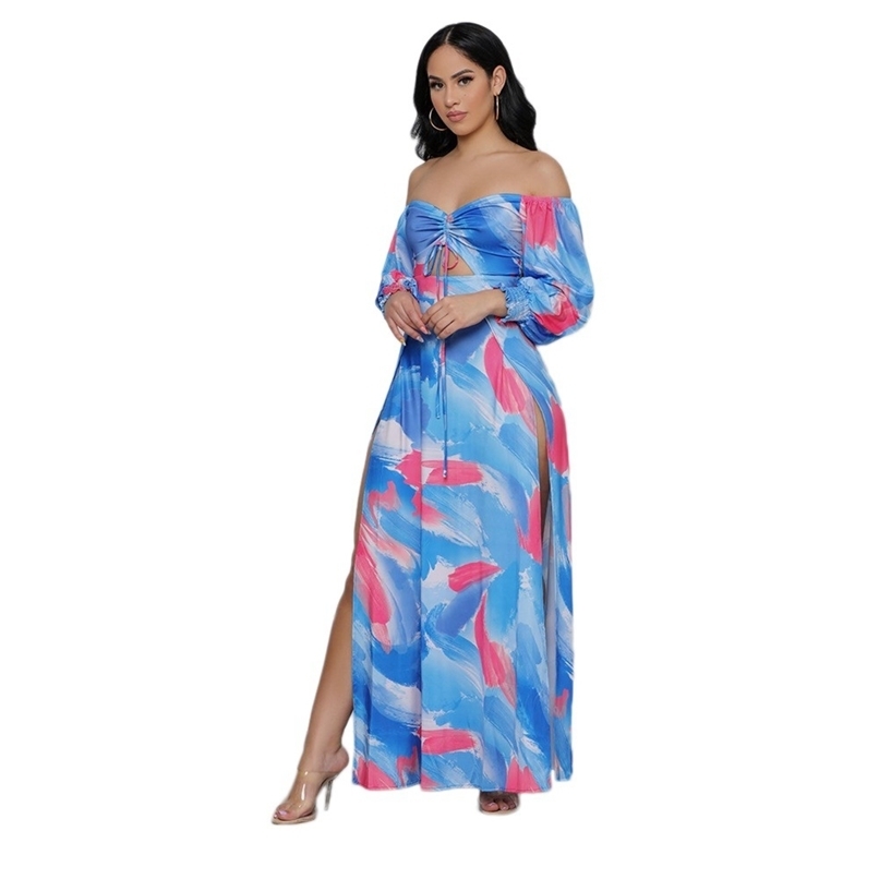

Leisure Vacation Spring Summer Slash Neck Long Sleeve Elegant Holiday Outfits Midi Dresses For Women Clothing 210525, Multi