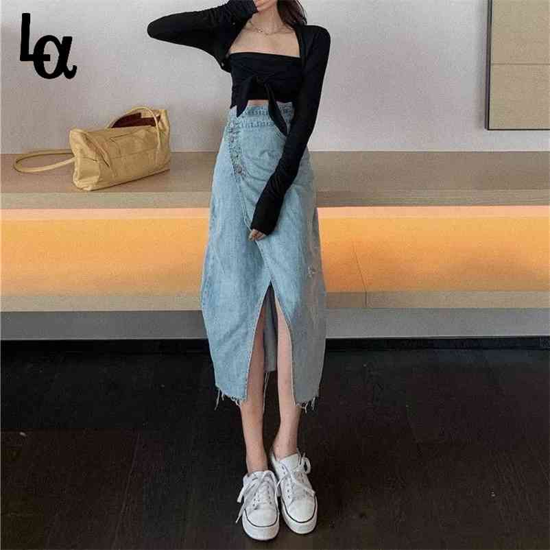 

Women Korean Style Long Denim Skirt Streetwear Irregular Split Harajuku Cool Casual A-Line Y2k 210519, Blue