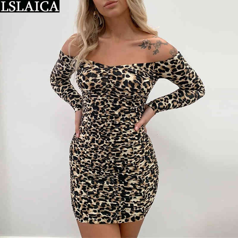 

Leopard Dress Women Long Sleeve Slash Neck Off Shoulder Sexy High Waist Party Clubwear Mini Elegance es For 210520, Multi