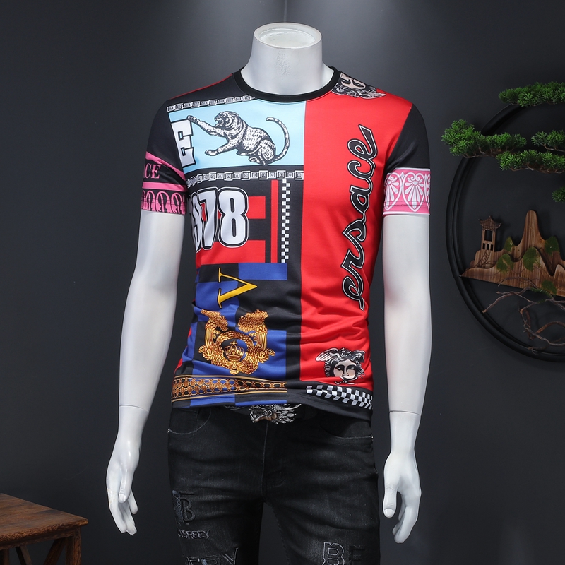 Summer men's short-sleeved T-shirt round neck stitching printing trend shirt cotton summer dress 2022 new men-image-753065992
