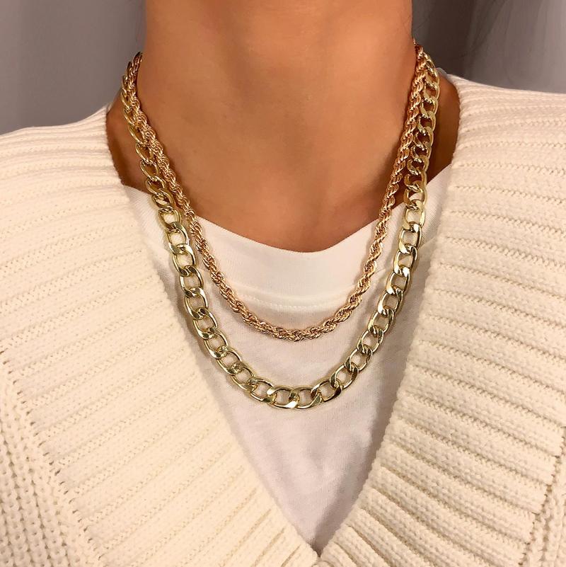 

Gothic Chains Link Choker Necklace For Women 2Pcs Layered Punk Cuban Men Rock Autumn Winter Sweater