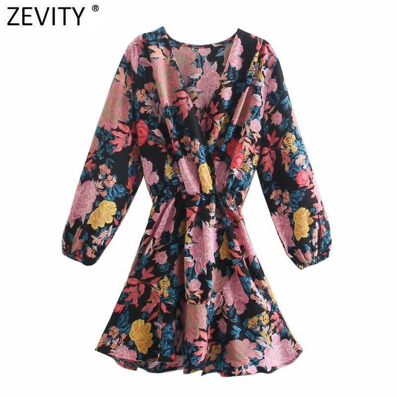 

Zevity Women Vintage Cross V Neck Floral Print Elastic Waist Mini Dress Female Chic Hem Irregular Casual Kimono Vestidos DS8177 210603, As pic ds8177cc