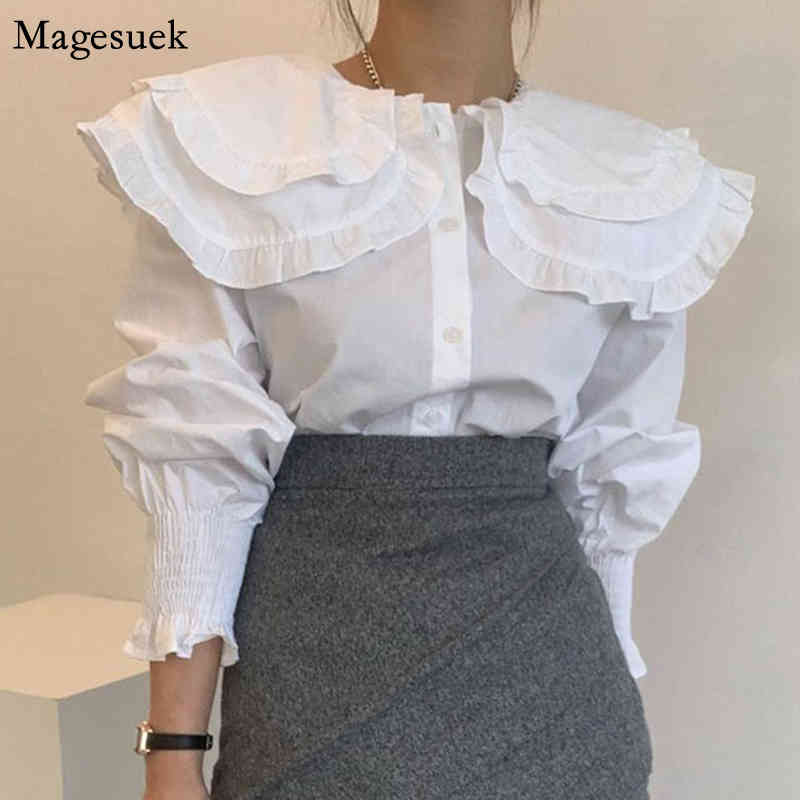 

Korean Sweet Turn-down Collar Ruffles Woman Blouses White Puff Long Sleeve Woman's Shirts Casual Loose Ladies Tops Blusas 13655 210518