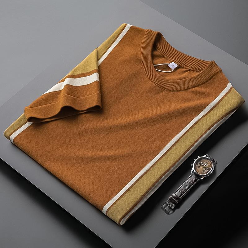 

Men's T-Shirts 2022 Fashion Contrast Color Striped Slim Fit Male Summer Casual Knitted Sweaters Men Short Sleeve Tops Tees B212, Ying qing se