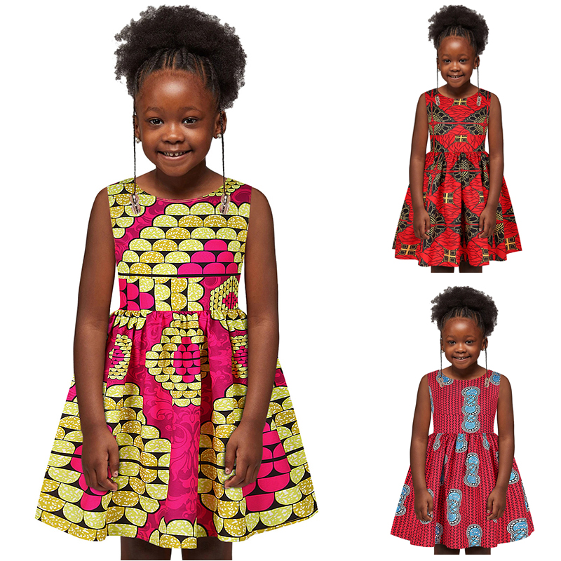

2021African Clothes For Kids Girls Dress Dashiki Print Ankara Dresses Sleeveless Robes Children Wedding Party Gowns 2021 New Boho