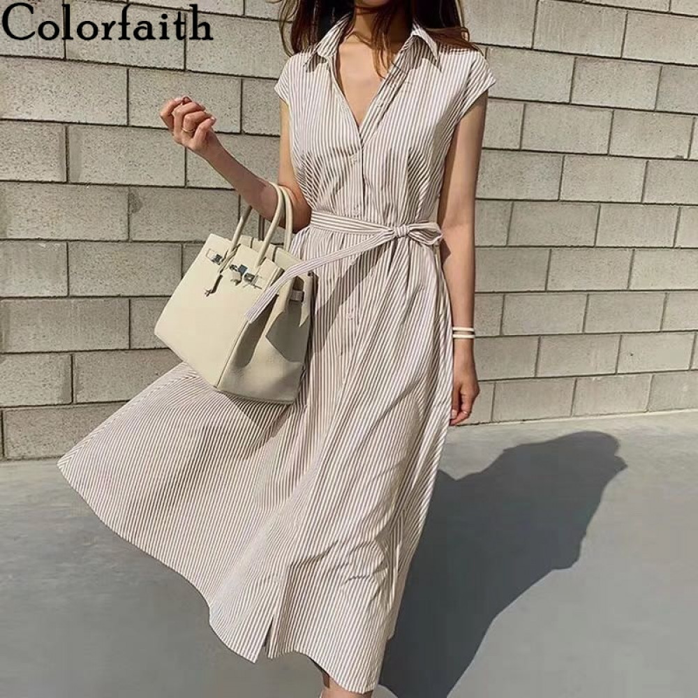

Colorfaith New 2021 Women Spring Summer Shirt Dress Multi Colors Casual Sleeveless Striped Oversize Lace Up Long Dress DR1970, Beige
