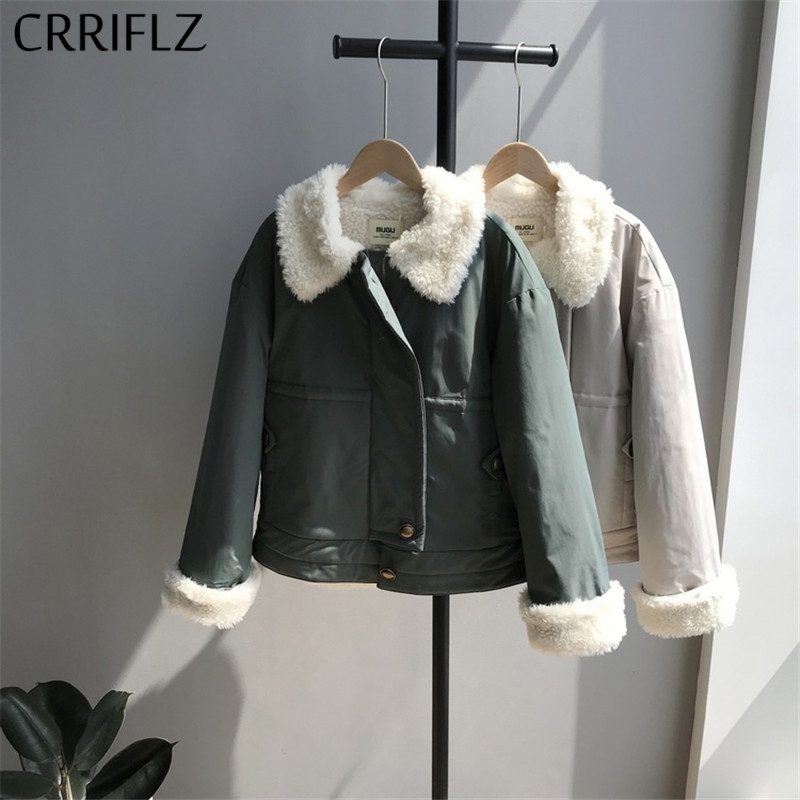 

Casual Lambswool Turndown Collar Coats Winter Short Down Jacket Women Retro Buttons Warm Thicken Parka CRRIFLZ 210520, Beige