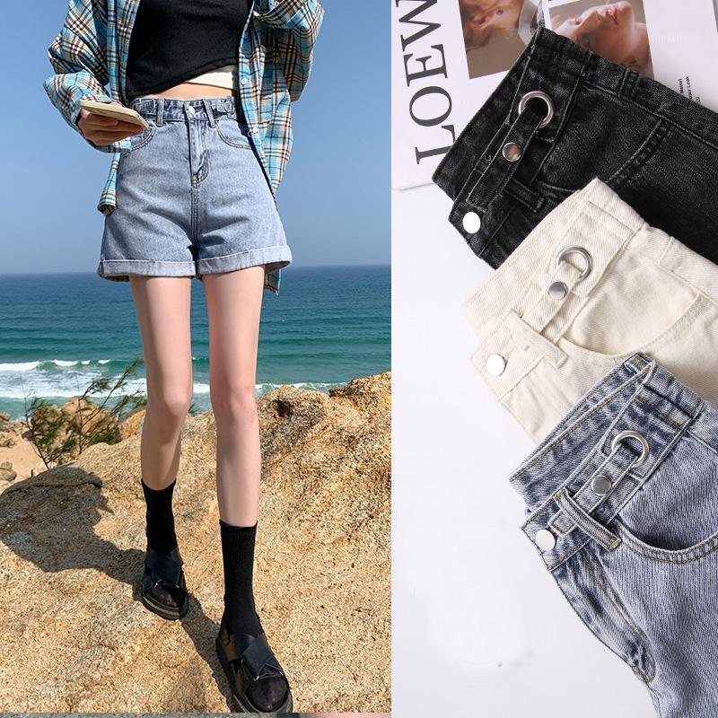 

Summer Women's High Waist Button Jeans Shorts Wigh Leg Casual Female Ladies Loose Fit Blue Denim, Beige
