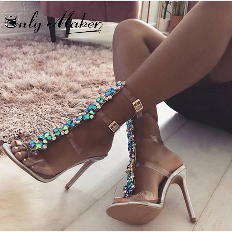 

Dress Shoes Onlymaker Womens Ankle Strap Buckle Cutout Gem Clear Sandals Stiletto Transparent Strip With Rhinestones Size 35-46, Black