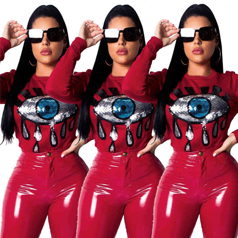 

Fashion Eyes Sequin Round Neck Long Sleeve T-shirt Women Casual Clothes, White