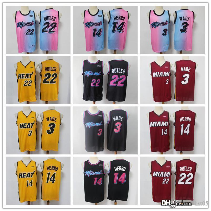 

Mens MiamiHeatThrowback jerseys Dwyane 3 Wade Tyler 14 Herro Jimmy 22 Butler Basketball Jerseys pink yellow black blue, Color