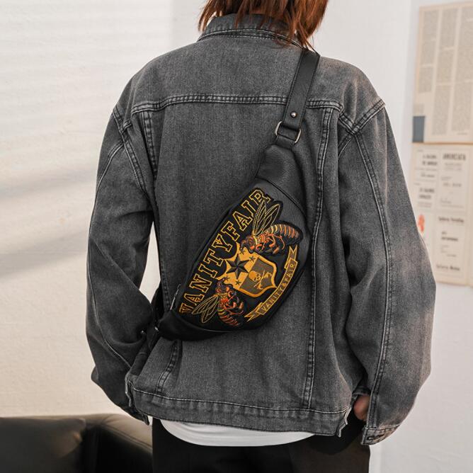 

Factory wholesale man bag personality medal waistbag sport leisure leather men bike handbag type essential small bee embroidered oblique shoulder bags, Black