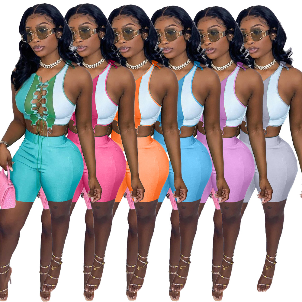 

Women Contrast stitching 2 two piece Tracksuits sexy bandage vest cropped top slim Biker Shorts outfits Matching set fashion streetwear Summer clothes, Gray