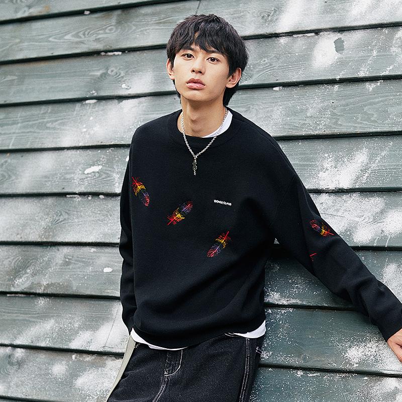 

Men's Sweaters 2021 Spring And Autumn Fashion Sweater Korean Style Feather Embroidery Bottoming Round Neck Slimming Casual, White;black