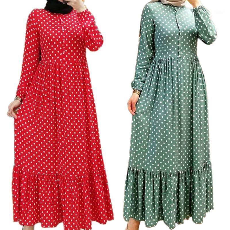 

Women Muslim Lantern Sleeves Maxi Long Swing Dress Polka Dot Print Buttons Ruffles High Waist Islam Kaftan Casual Dresses, Green