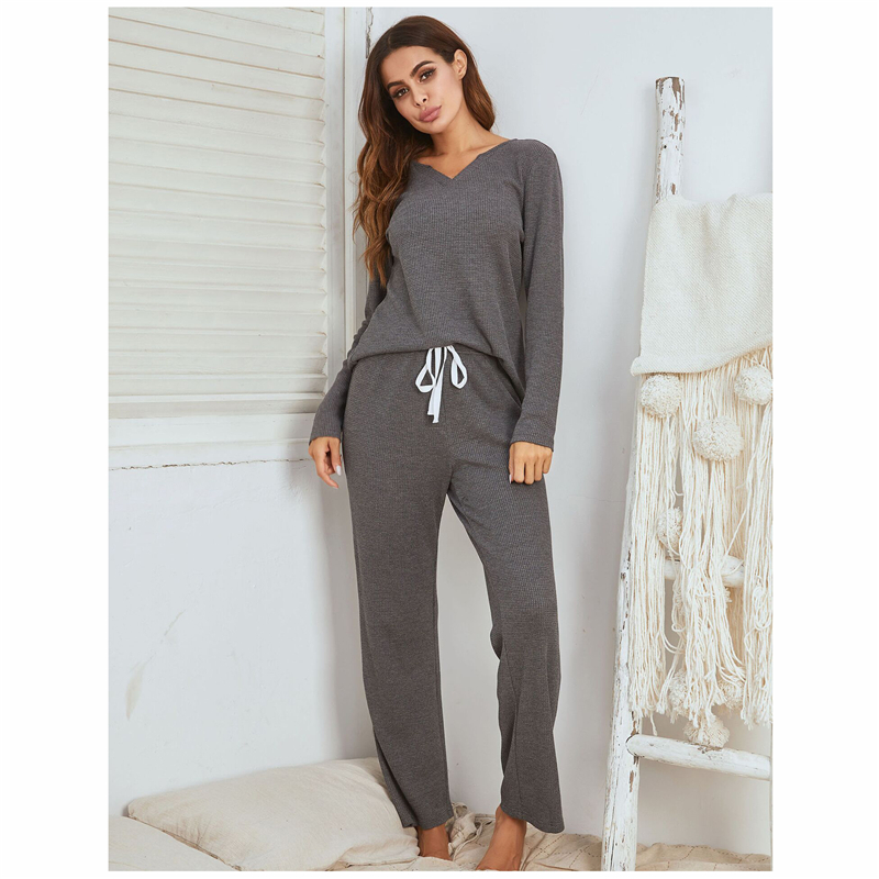 

2021fashion casual solid sleepwear women thread knitting 2 piece set long trousers suit autumn winter pullover leisure homewear, Black;red