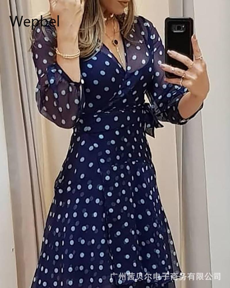 

WEPBEL Blue Polka Dots Floral Printed Dress Fashion Casual Women Dress Long Sleeve A-line High Waist V-neck Long Dress, Navy