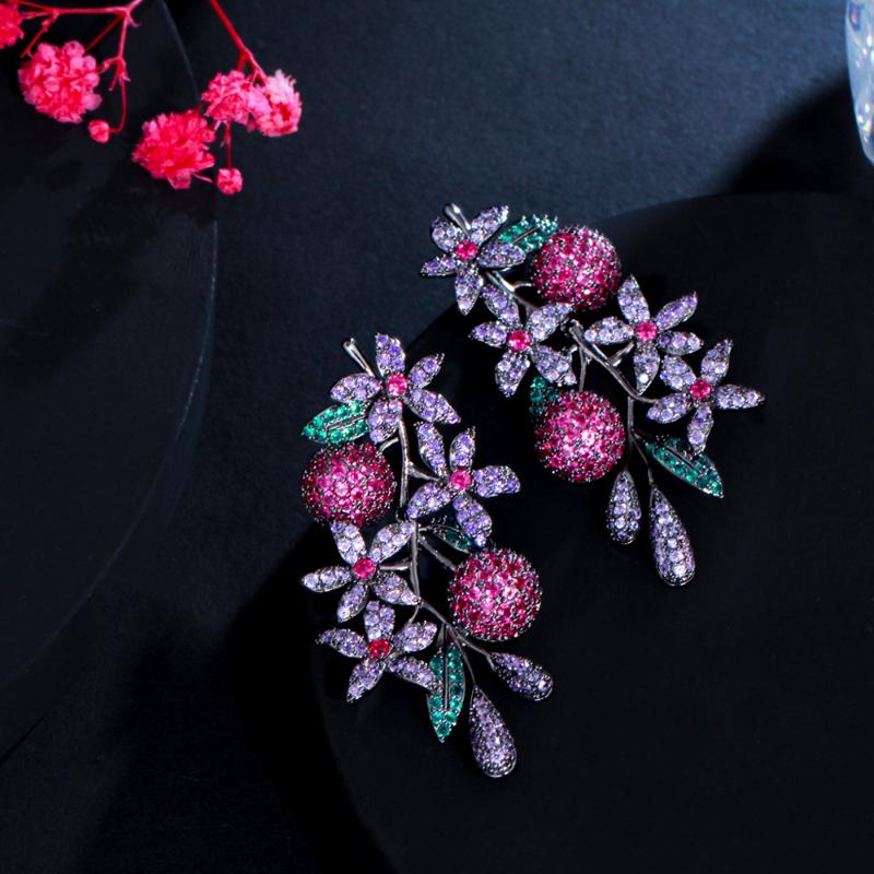 

Dangle & Chandelier ThreeGraces Exquisite Purple Red Cubic Zirconia Black Gold Color Long Flower Leaf Earrings For Women Party Jewelry ER717, Silver