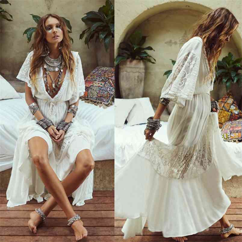 

Cotton Lace Patchwork Retro Floor-length Dress Sexy Deep V Tunic White Beach Bikini Cover-Ups Female Loose Holiday es 210604