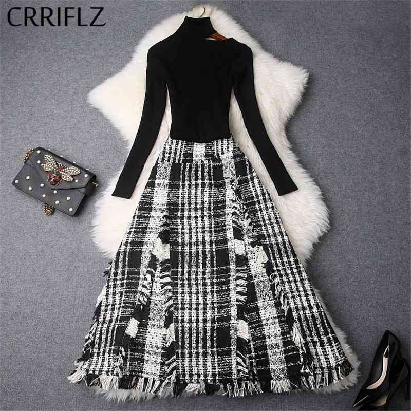 

Winter Women Set Full Sleeve Turtlenck Strapless Pullover Tweed Retro Big Swing Skirt 2 Piece Elegant Patry Dress 210520, Black