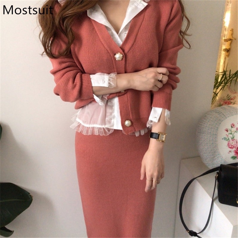 

Korean Vintage Elegant Two Piece Sets Women V-neck Cardigan + High Waist Skirt Suits Fashion Ladies Outfits Mujer 210518, Pink